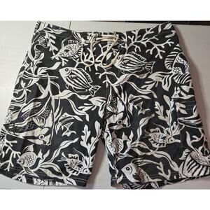 Polo Ralph Lauren Board Shorts Swimwear Mens Sz 38 Black White Hawaiian Trunks